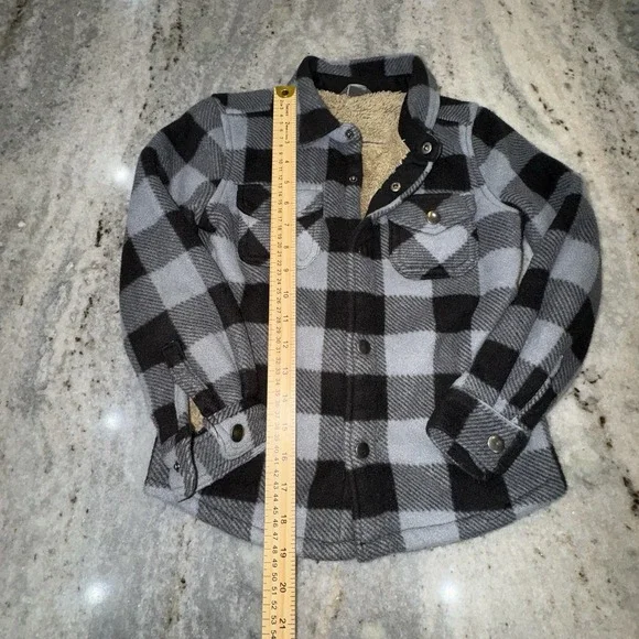 Eddie Bauer Kids 6/7 Small Gray Black Gingham Faux Fur Lined Jacket Snap Button - Picture 2 of 6